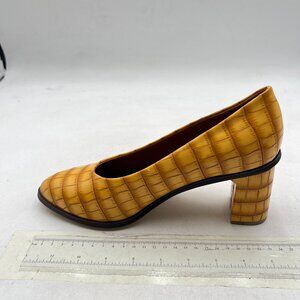 FSJ Yellow Crocodile Embossed Formal Chunky Heel Pumps Close Toe Slip On Shoes
